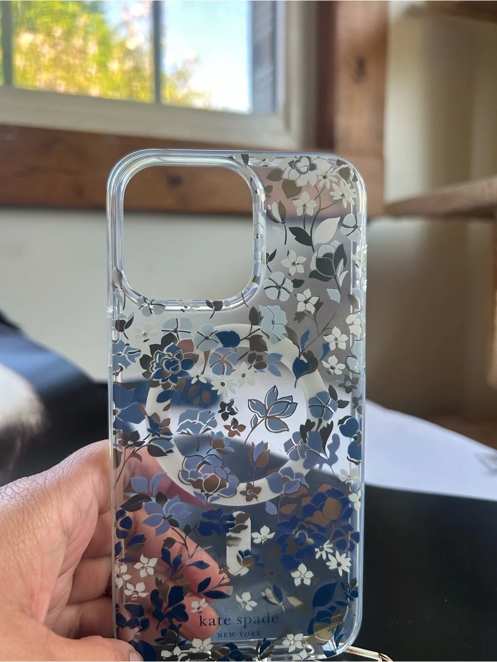 kate spade iPhone pro maxBlue Tan Floral Clear iPhone Case with PopSocket Ring